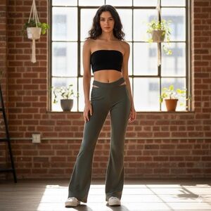 Y2K Baddie Ribbed Hip-Cut Out Flare Euphoria Core Moss Green Leggings-Size S